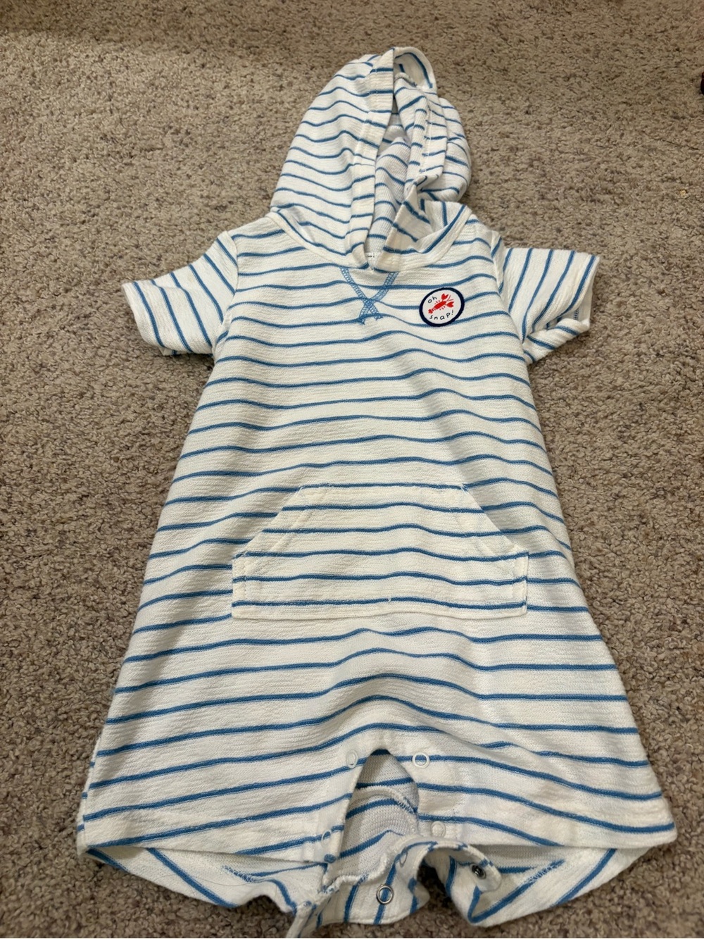 Carter’s 18M Hooded Striped Romper One-Piece Blue/White Embroidered Crab